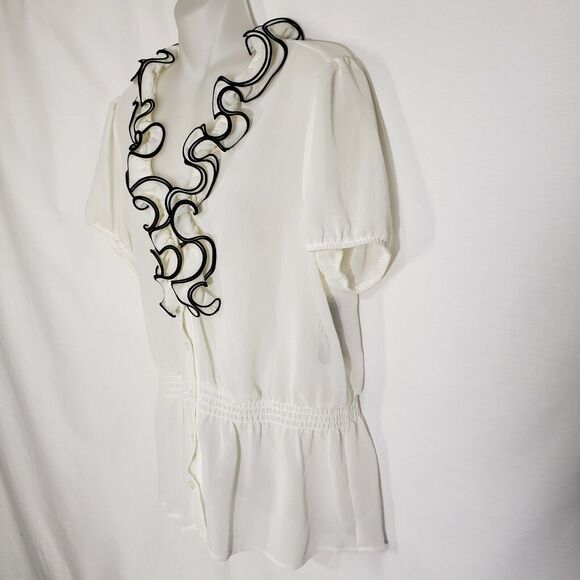 AGB Womens Top Large Ivory Sheer Ruffle Accent Button Elastic Waist Blouse - Picture 5 of 10
